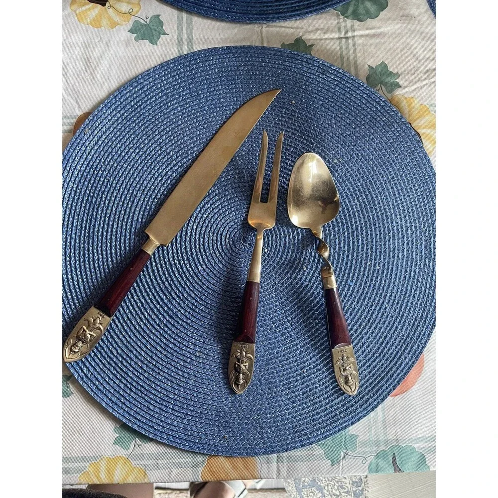 Flatware Set Serving For 8 VTG MCM Mid Century Brass Teak Rosewood Dessert Thai